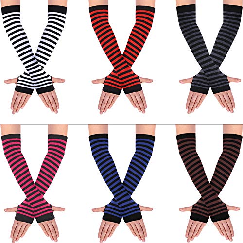 SATINIOR 6 Paare Frauen Lange Fingerlose Handschuhe Stricken Armwärmer Daumenloch Dehnbare Handschuhe (Streifenserie) von SATINIOR