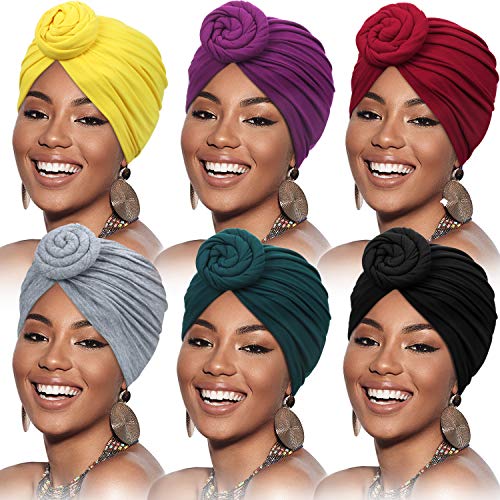 SATINIOR 6 Stück Damen Afrikanisch Kopfbedeckung Turban Blume Knoten Vorgebundene Motorhaube Mütze Kappe Kopfwickel (Gelb, Grün, Lila, Schwarz, Grau, Weinrot) von SATINIOR