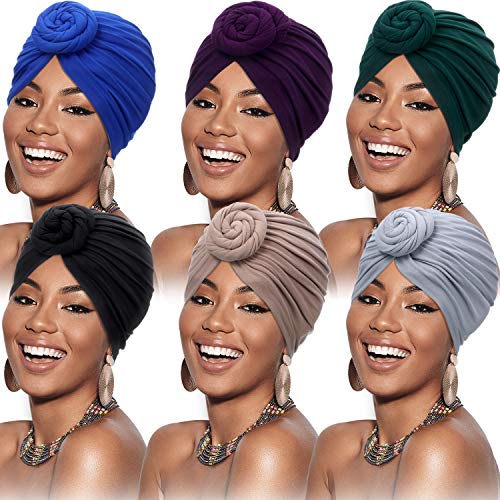 SATINIOR 6 Stück Damen Afrikanisch Kopfbedeckung Turban Blume Knoten Vorgebundene Motorhaube Mütze Kappe Kopfwickel (Schwarz, Königsblau, Grau, Kamel, Lila, Grün) von SATINIOR