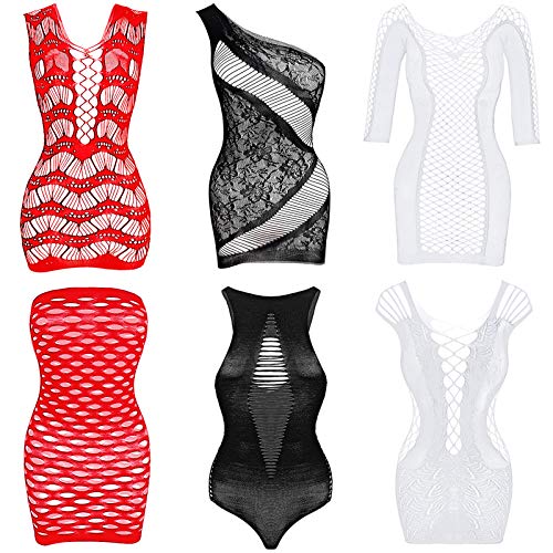 SATINIOR 6 Stück Damen Mesh Netz Kleidung Dessous Fischnetz Puppe Mini Kleid Mesh Bodysuit Nachtwäsche (Rot, Weiß, Schwarz) von SATINIOR