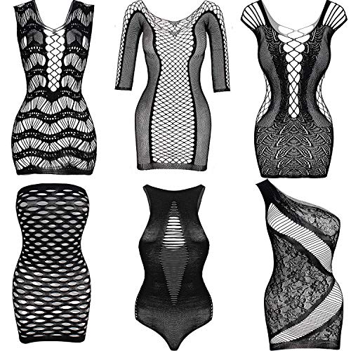 SATINIOR 6 Stück Damen Mesh Netz Kleidung Dessous Fischnetz Puppe Mini Kleid Mesh Bodysuit Nachtwäsche (Schwarz) von SATINIOR