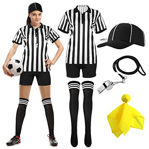 SATINIOR 6 Stück Ref Kostüm Damen Schwarz Weiß Gestreiftes Schiedsrichter Shirt Jersey Shorts Hut Gelb Elfmeter Flagge Edelstahl Pfeife Lange Gestreifte Socken für Basketball Fußball (S) von SATINIOR