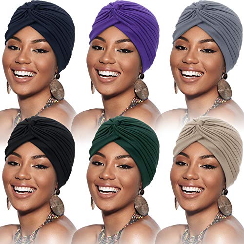 SATINIOR 6 Stücke Turban für Frauen Weich Turban Kopfwickel Kopfbedeckung Plissee Mütze Kappe Haarausfall Hut (Schwarz, Dunkelblau, Beige, Grau, Lila, Marineblau) von SATINIOR