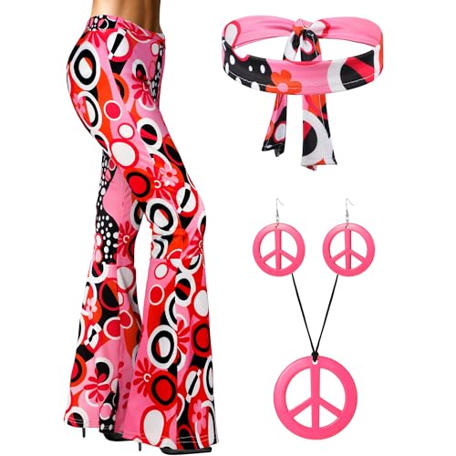 SATINIOR 70er 80er Jahre Frauen Hippie Kostüm Set, Glocke Unterseite Ausgestellte Hose für Halloween Cosplay, Rosenrot, X-Groß von SATINIOR