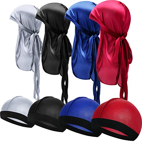 SATINIOR 8 Stücke Seidige Durag Kappen Elastische Wellenkappe Langen Schwanz Headwraps Breite Trägerwellen (Rot, Grau, Schwarz, Königsblau) von SATINIOR