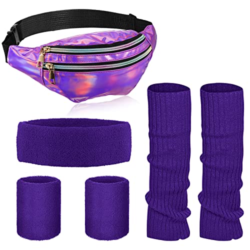 SATINIOR 80er-Jahre-Damen-Beinwärmer-Set, holografische Bauchtasche, gestrickt, Beinwärmer, Stirnband, Armbänder für Yoga, Laufen, Wandern, Dunkles Violett, Einheitsgröße von SATINIOR