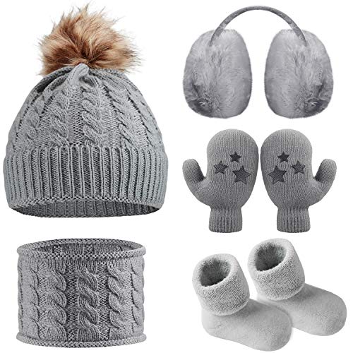 SATINIOR Baby Winter Mütze Schal Kleinkind Ohrenschützer Handschuhe Socken, 5 Stücke Baby Winter Warm Set (Grau) von SATINIOR