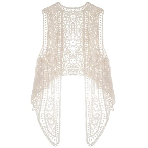 SATINIOR 70er Boho Hippie Häkeln Weste für Kinder Mädchen - Offene Hohl Spitze Drapiert Cardigan Enfant Damen Irregular Ärmellos von SATINIOR