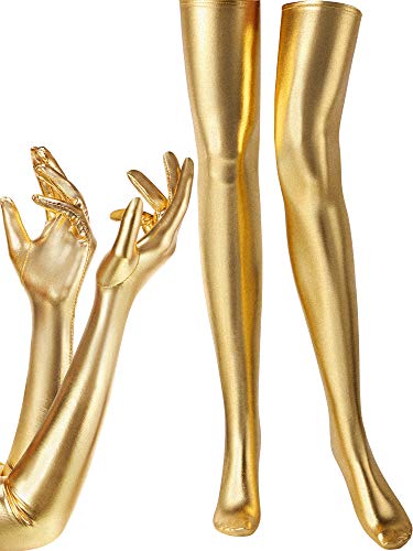 SATINIOR Damen Karneval Halloween Kostüm Elastisch Spandex Glänzend Nass Lange Handschuhe und Oberschenkel Hohe Strümpfe, Gold, Einheitsgröße von SATINIOR