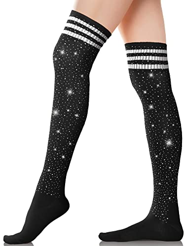 Damen Kniestrümpfe Strass Überknie Kniestrümpfe Cosplay Oberschenkel Glitzer Socken Strümpfe (Schwarz, Weiß, Streifen Stil) von SATINIOR