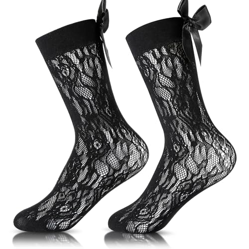 SATINIOR Damen Kniestrümpfe für Karneval Spitze Strümpfe mit Schleife Fischnetz Socken für Frauen Mädchen (Schwarz) von SATINIOR