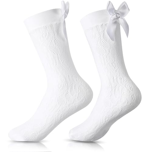 SATINIOR Damen Kniestrümpfe für Karneval Spitze Strümpfe mit Schleife Fischnetz Socken für Frauen Mädchen (Weiß) von SATINIOR