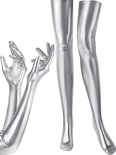 SATINIOR Damen Karneval Halloween Kostüm Elastisch Spandex Glänzend Nass Lange Handschuhe und Oberschenkel Hohe Strümpfe, silber, Einheitsgröße von SATINIOR