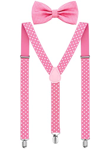 SATINIOR Damen Straps-Fliege Set Klipp auf Y-Form Verstellbare Hosenträger, Hosenträger-Schultergurte für Cosplay Partei 4,3 x 2,3 Zoll Rosa mit weißen Punkten von SATINIOR