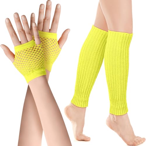 SATINIOR Elastische Neon Beinstulpen und Netzhandschuhe Set 80er Jahre Kostüm Zubehör (Fluoreszierendes Gelb) von SATINIOR