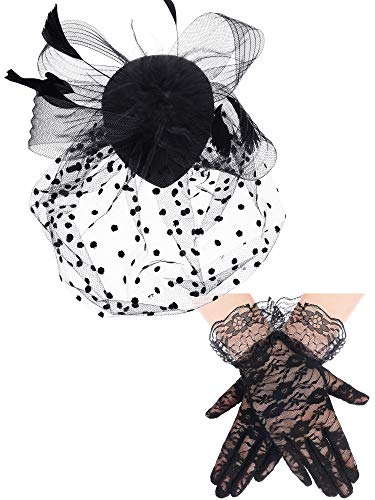 SATINIOR Fascinators für Damen, Teeparty-Hut und Spitzenhandschuhe, Beerdigungshut, 50er-Jahre-Hut, Vintage-Hut, Hochzeit, Federschleier, Haarspange, Schwarz, Medium von SATINIOR