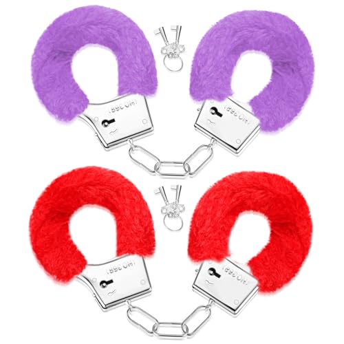 SATINIOR Handschellen aus Metall mit 2 Schlüsseln Plüschtier Handschellen aus Pelzigem Fell aus Metall Polizei Kostümzubehör für Kinderparty Requisiten (Rot, Lila) von SATINIOR