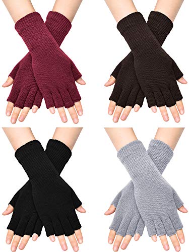 SATINIOR Unisex Halbe Finger Handschuhe Winter Dehnbar Knit Fingerloses Tippen Handschuhe (Schwarz, Rot, Hellgrau, Kaffee, 4) von SATINIOR