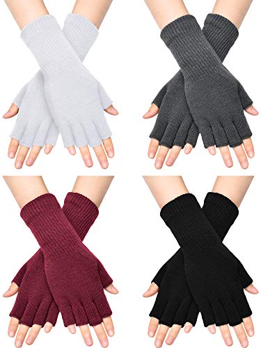 SATINIOR Unisex Halbe Finger Handschuhe Winter Dehnbar Knit Fingerloses Tippen Handschuhe (Schwarz, Weiß, Dunkelgrau, Weinrot, 4) von SATINIOR