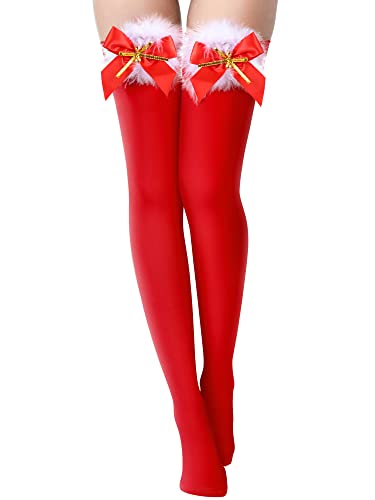 Weihnachten Schleife Kniestrümpfe Nylo Halterlose Oberschenkel Strümpfe Undurchsichtig Socken, 1 Paar (Rot) von SATINIOR