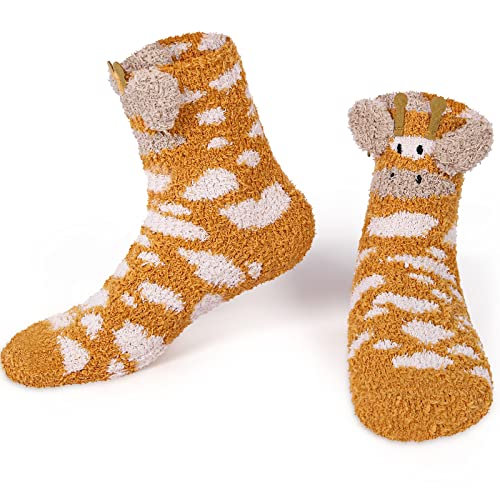 SATINIOR Winter Weiche Flauschige Tier Kuschelsocken 3D Flauschige Hausschuhe Socken Warm Süße Haussocken für Damen Mädchen (Giraffe) von SATINIOR