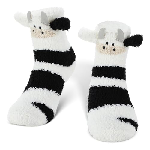 Winter Weiche Flauschige Tier Kuschelsocken 3D Flauschige Hausschuhe Socken Warm Süße Haussocken für Damen Mädchen (Kuh) von SATINIOR