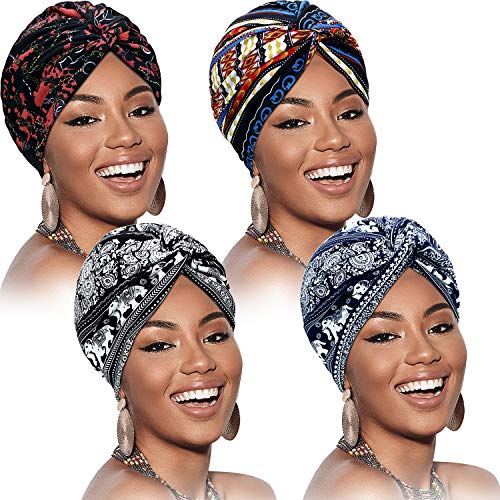 4 Stück Turban Hut für Frauen Soft Vorgebunden Knot Mode Plissee Turban Kappe Mütze Kopfwickel Schlafhut, 4 Muster von SATINIOR