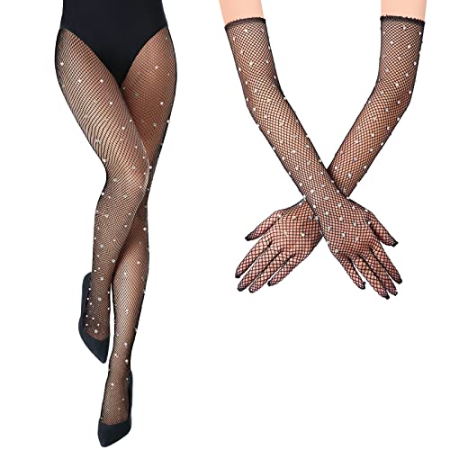 SATINIOR Strass Netzstrümpfe mit Glitzer Handschuhe Schwarz Fischnetz Handschuhe Strass Handschuhe für Frauen Mädchen (süßer Stil), Niedlicher Stil, Einheitsgröße von SATINIOR