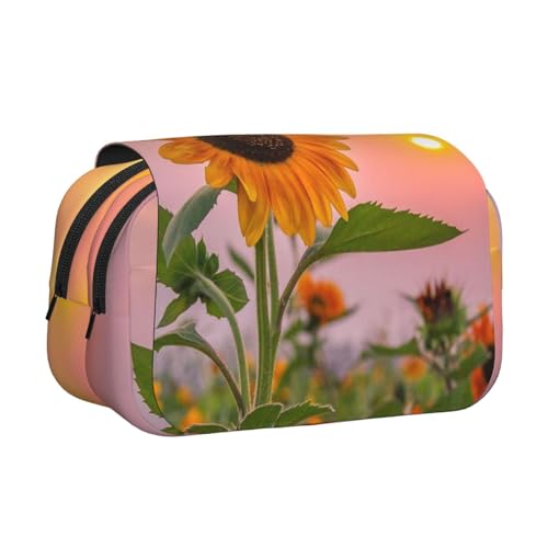 Federmäppchen, Motiv: Sonnenblume mit Sonnenuntergang, großes Fassungsvermögen, Stifteetui mit 2 Fächern, Stifthalter, Organizer, Schreibwaren-Tasche von SATUSA
