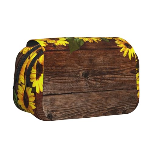 Federmäppchen aus Holz, mit Sonnenblumen-Motiv, großes Fassungsvermögen, Stifteetui mit 2 Fächern, Stifthalter, Organizer, Schreibwaren-Tasche von SATUSA