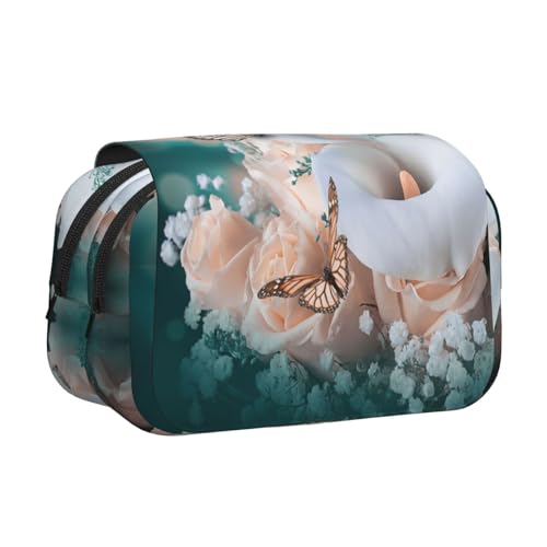 Federmäppchen mit Blumen- und Schmetterlings-Aufdruck, großes Fassungsvermögen, Stifteetui mit 2 Fächern, Stifthalter, Organizer, Schreibwaren-Tasche von SATUSA