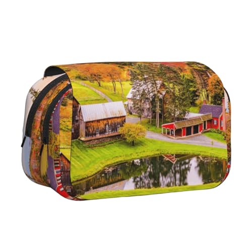 Federmäppchen mit Landhaus-Motiv, großes Fassungsvermögen, Stifteetui mit 2 Fächern, Stifthalter, Organizer, Schreibwaren-Tasche von SATUSA