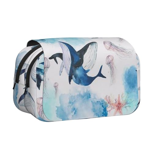 Federmäppchen mit Meereswal- und Quallen-Druck, großes Fassungsvermögen, Stifteetui mit 2 Fächern, Stifthalter, Organizer, Schreibwaren-Tasche von SATUSA