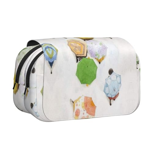 Federmäppchen mit Ölgemälde von Regenschirmen auf hellblauem Druck, großes Fassungsvermögen, Stifteetui mit 2 Fächern, Stifthalter, Organizer, Schreibwarentasche von SATUSA