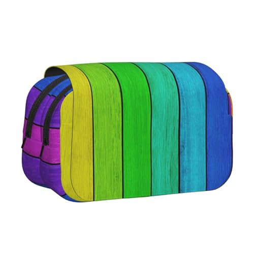 Federmäppchen mit Regenbogenfarben-Holzhintergrund, großes Fassungsvermögen, Stifteetui mit 2 Fächern, Stifthalter, Organizer, Schreibwaren-Tasche von SATUSA