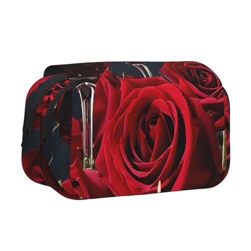 Federmäppchen mit Rotweinrosen und Kerzen, großes Fassungsvermögen, Stifteetui mit 2 Fächern, Stifthalter, Organizer, Schreibwaren-Tasche von SATUSA