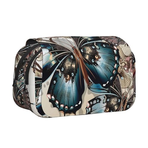 Federmäppchen mit Schmetterlings-Blumendruck, großes Fassungsvermögen, Stifteetui mit 2 Fächern, Stifthalter, Organizer, Schreibwaren-Tasche von SATUSA