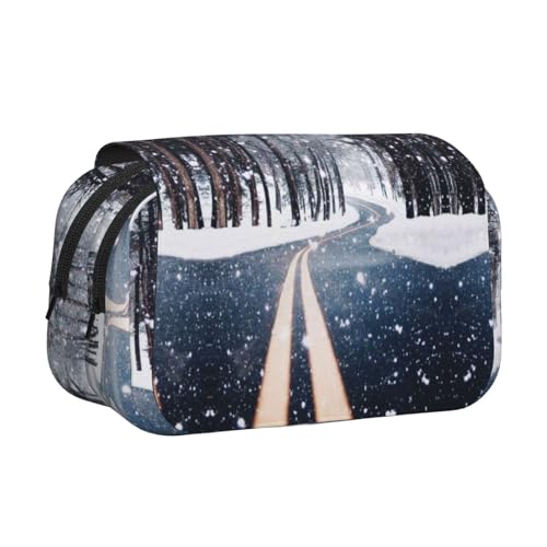 Federmäppchen mit Schneestraßen-Aufdruck, großes Fassungsvermögen, Stifteetui mit 2 Fächern, Stifthalter, Organizer, Schreibwaren-Tasche von SATUSA