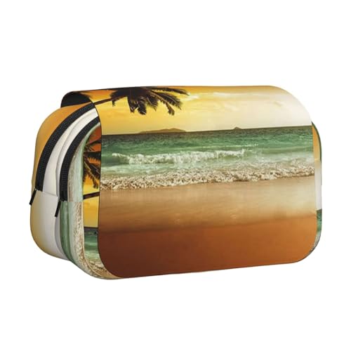 Federmäppchen mit Sonnenuntergang und Kokosnussbäumen am Strand, großes Fassungsvermögen, Stifteetui mit 2 Fächern, Stifthalter, Organizer, Schreibwarentasche von SATUSA