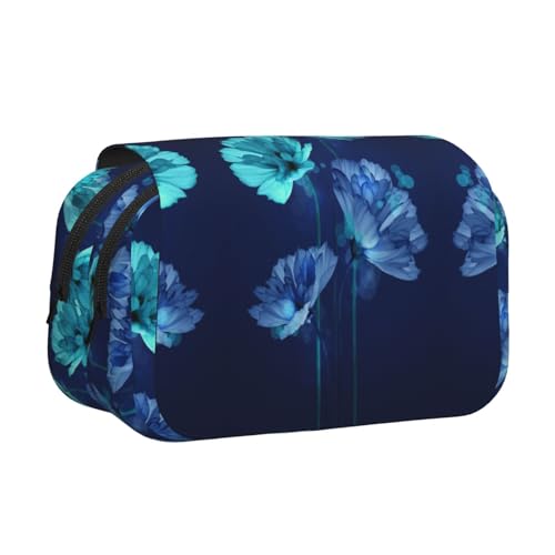 Federmäppchen mit blauem Blumendruck, großes Fassungsvermögen, Stifteetui mit 2 Fächern, Stifthalter, Organizer, Schreibwaren-Tasche von SATUSA