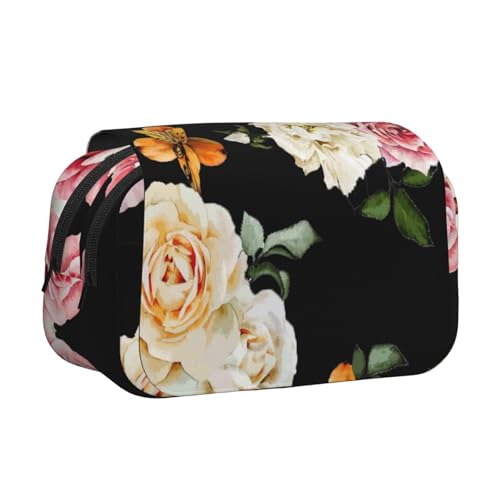 Federmäppchen mit großem Fassungsvermögen, mit 2 Fächern, cremefarben, Shabby-Rosen-Blumendruck, Federmäppchen mit 2 Fächern, Stifthalter, Organizer, Schreibwaren-Tasche von SATUSA