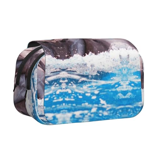 Federmäppchen mit zwei Delfinen im Wasserdruck, großes Fassungsvermögen, Stifteetui mit 2 Fächern, Stifthalter, Organizer, Schreibwaren-Tasche von SATUSA