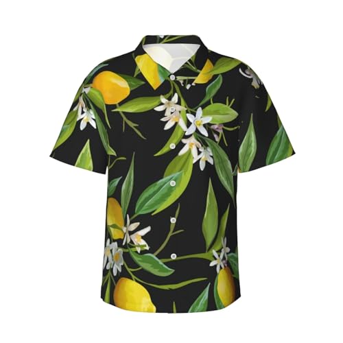 Herren-Hemd mit Zitronen- und Blumendruck, kurzärmelig, Button-Down-Shirt, Strandhemden, Schwarz , M von SATUSA