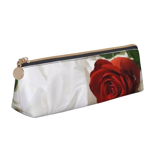 SATUSA Federmäppchen aus PU-Leder, dreieckig, mit roten Rosen, für Schule, Schreibwaren, Make-up-Tasche, Teenager, weiß, Einheitsgröße, Kosmetikkoffer von SATUSA