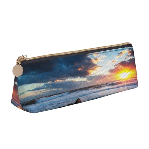 SATUSA Federmäppchen mit schönem Sonnenaufgang auf dem Meer, dreieckig, PU-Leder, für Schule, Schreibwaren, Make-up-Tasche, Teenager, weiß, Einheitsgröße, Kosmetikkoffer von SATUSA