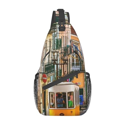 SATUSA Lissabon Tram Print – Anti-Diebstahl-Schlingen-Brusttasche, kleine Handtasche, Mehrzweck-Umhängetasche, Brust, Schulter, Outdoor, Reisen, Wandern, Tagesrucksack, Schwarz , Einheitsgröße von SATUSA