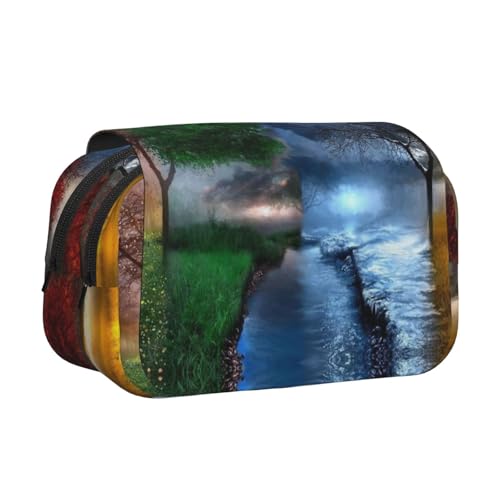 Vier-Jahreszeiten-Federmäppchen mit Baumdruck, großes Fassungsvermögen, Stifteetui mit 2 Fächern, Stifthalter, Organizer, Schreibwaren-Tasche von SATUSA