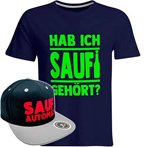 Hab ich Saufi gehört T-Shirt inkl. Original SAUFAUTOMAT Snapback in exklusiver Aufbewahrungsbox (T-Shirt Navy/Neongrün/Snapback Schwarz/Grau/Rot), Größe: L von SAUFCOUNTER MARK YOUR DRINKS