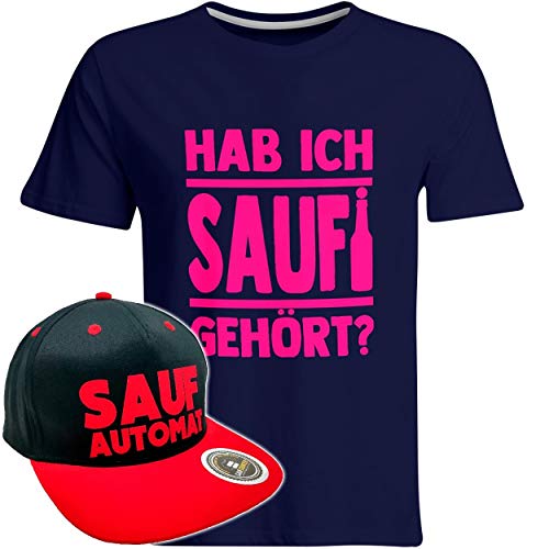 Hab ich Saufi gehört T-Shirt inkl. Original SAUFAUTOMAT Snapback in exklusiver Aufbewahrungsbox (T-Shirt Navy/Pink/Snapback Schwarz/Rot), Größe: M von SAUFCOUNTER MARK YOUR DRINKS