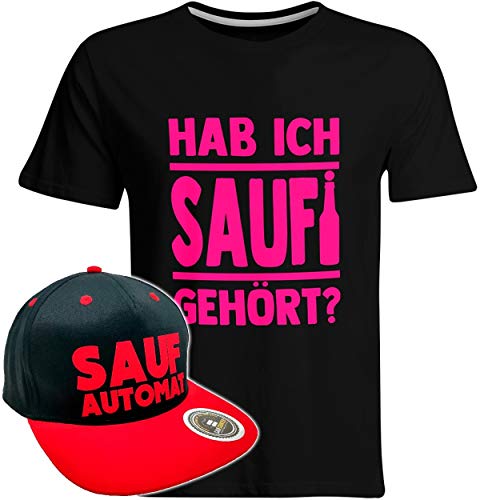 Hab ich Saufi gehört T-Shirt inkl. Original SAUFAUTOMAT Snapback in exklusiver Aufbewahrungsbox (T-Shirt Schwarz/Pink/Snapback Schwarz/Rot), Größe: L von SAUFCOUNTER MARK YOUR DRINKS